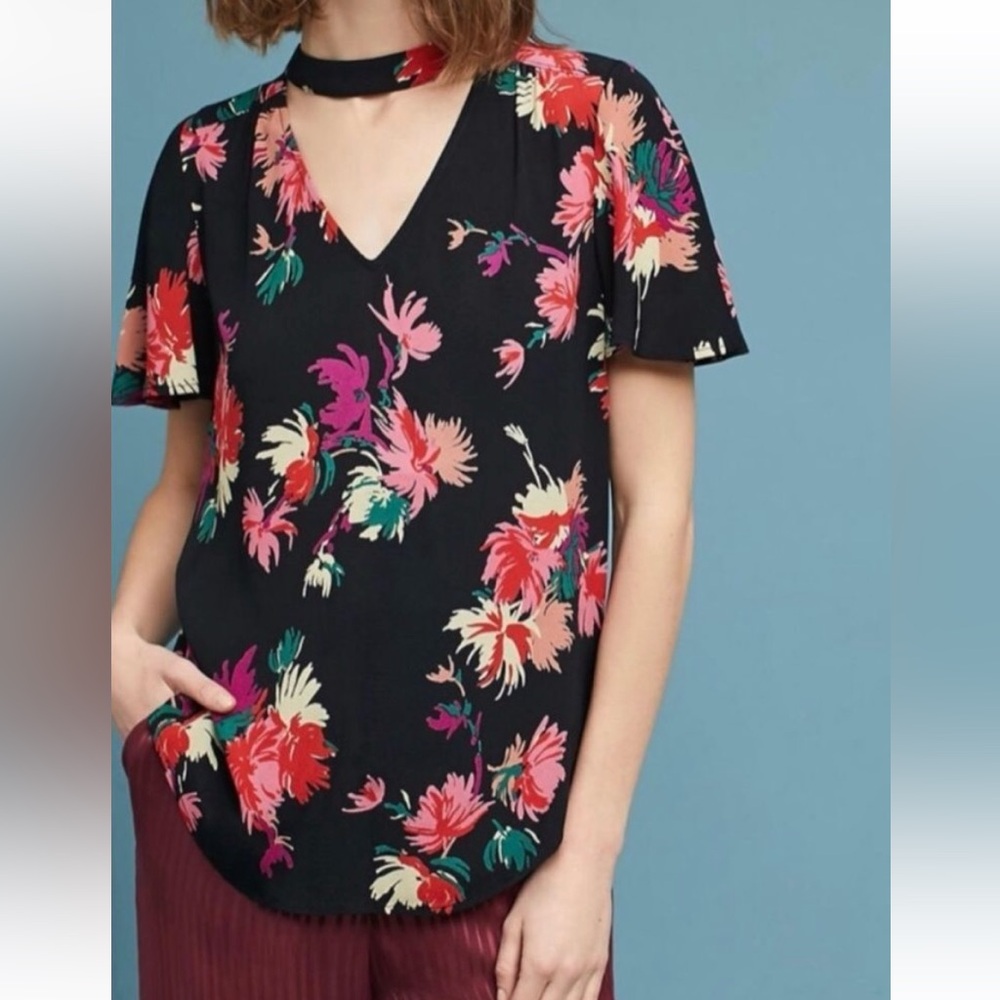🌺Anthropologie MAEVE floral choker blouse shirt top flutter sleeves